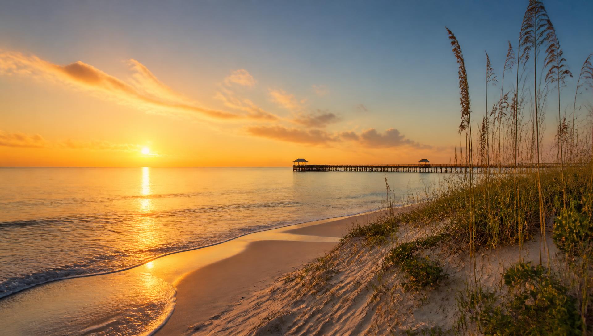 Sunrise over a quiet Mississippi Gulf Coast beach and pier